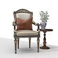 Ornate Accent Chair With Carved Accents Brown Cushion Side Table Blue White Vase White Flowers