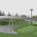 Modern White Landscape Bridge in Park with Green Lawn Trees and Street Lamp