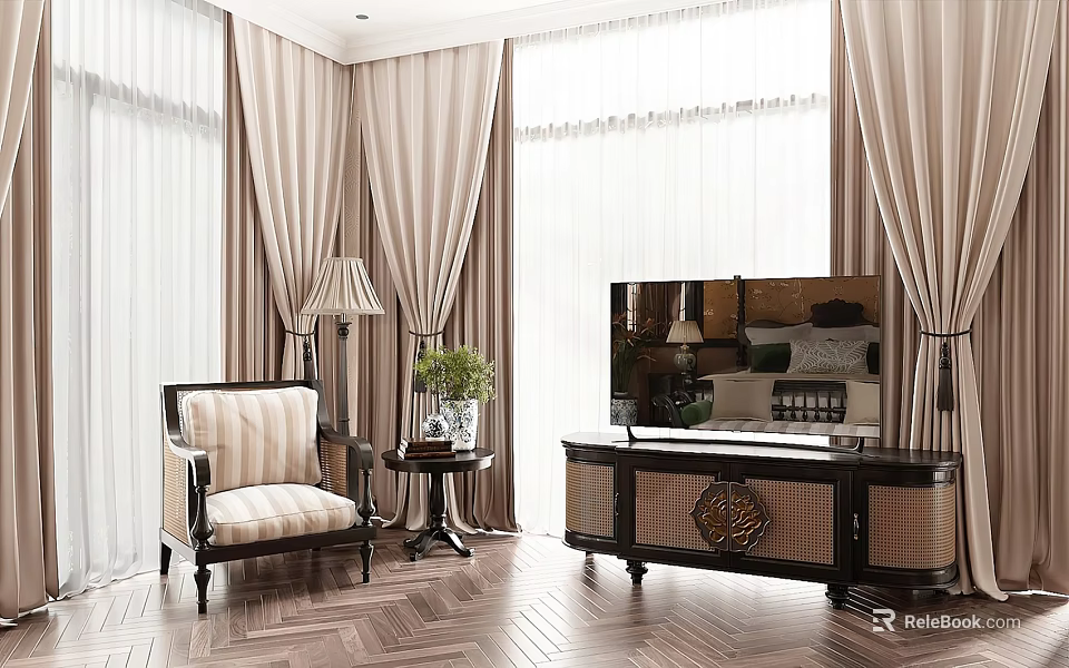 Elegant TV Cabinet In Living Room With Striped Chair Side Table Lamp Plant And Curtains 3d model 