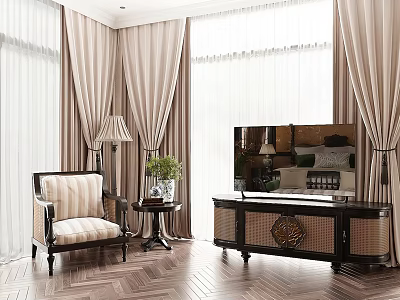 Elegant TV Cabinet In Living Room With Striped Chair Side Table Lamp Plant And Curtains 3d model