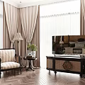 Elegant TV Cabinet In Living Room With Striped Chair Side Table Lamp Plant And Curtains