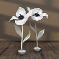 Floral Decoration With Two Large Pink White Blue Flowers Green Stems Leaves In Brown Pots