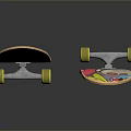 Two Skateboards With Black Deck And Colorful Graphic Design Yellow Wheels
