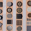 Various Manhole Covers And Grates With Different Shapes And Patterns