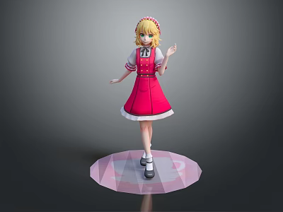 Anime Girl Character With Blonde Hair And Red Dress Standing On Pink Pedestal 3D Render 3d model