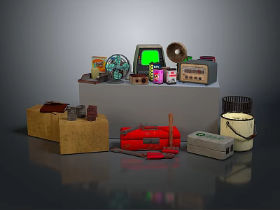 Practical Daily Living Supplies Including Tools Radio Fan Box And Bucket 3d model