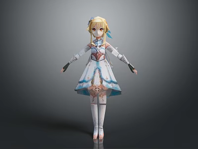 Game And Movie Character 3D Model With Blonde Hair Blue And White Dress And Ribbon 3d model
