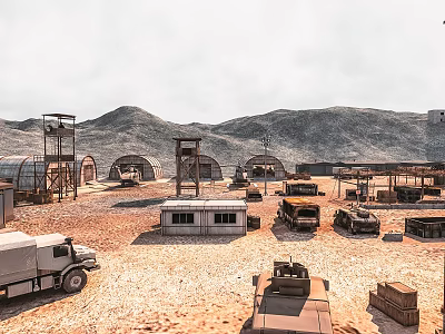 Outdoor Desert Military Base With Metal Tents Vehicles And Watchtower 3d model