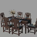 Chinese Style Wooden Dining Table Set With Carved Chairs Flower Vase And Tableware
