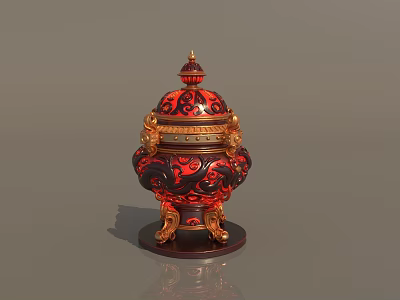 Red and Black Decorative Ornament Set Featuring Gold Accents Dragon Patterns and Three-Legged Base 3d model