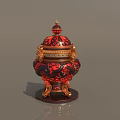 Red and Black Decorative Ornament Set Featuring Gold Accents Dragon Patterns and Three-Legged Base