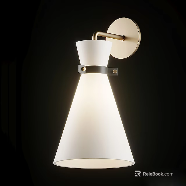 Modern Elegant Wall Lamp With White Conical Lampshade Golden Base And Black Strap 3d model 