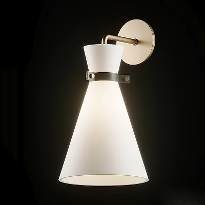 Modern Elegant Wall Lamp With White Conical Lampshade Golden Base And Black Strap 3d model