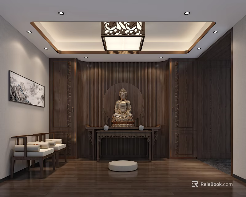 Traditional Buddhist Worship Interior With Wooden Panels Altar Buddha Statue Chairs And Ceiling Lamp 3d model 