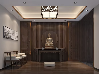 Traditional Buddhist Worship Interior With Wooden Panels Altar Buddha Statue Chairs And Ceiling Lamp 3d model