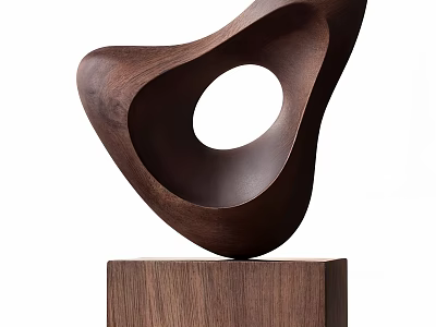 Wooden Sculpture With Curved Design Circular Hole And Wooden Base 3d model