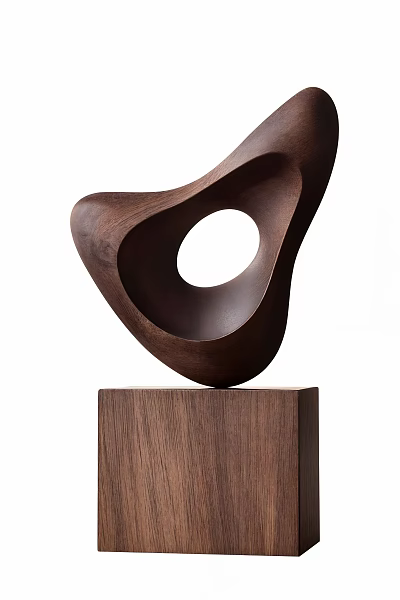 Wooden Sculpture With Curved Design Circular Hole And Wooden Base 3d model
