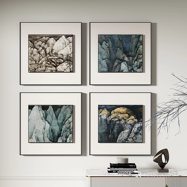 Four Framed Mountain Rock Paintings On White Wall With Minimalist Decor 3d model 