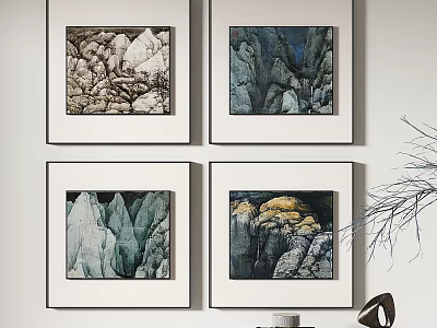 Four Framed Mountain Rock Paintings On White Wall With Minimalist Decor 3d model