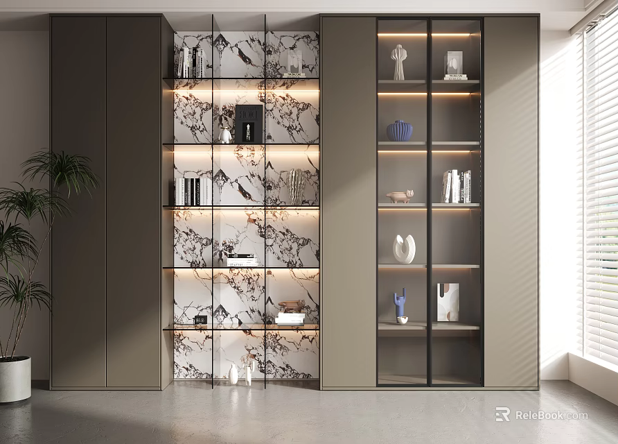 Modern Bookcase Design With Glass Doors Interior Lighting Decorative Items And Books 3d model 