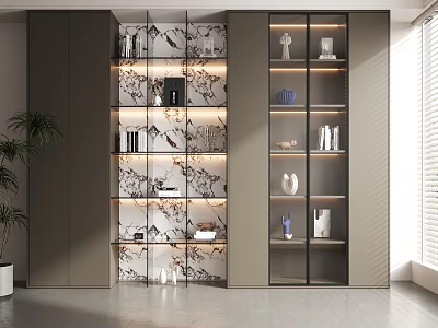 Modern Bookcase Design With Glass Doors Interior Lighting Decorative Items And Books 3d model