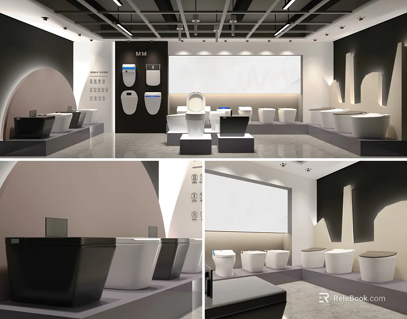 Modern Bathroom Fixtures Showroom Interior With Toilets Sinks And Displays 3d model 