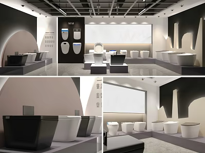 Modern Bathroom Fixtures Showroom Interior With Toilets Sinks And Displays 3d model