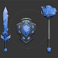 Blue Crystal Magic Weapons With Sword Shield Staff and Shiny Decorations 3d model