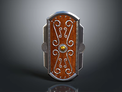 Medieval Wooden Shield With Metal Frame Ornate Patterns And Central Gemstone 3d model