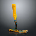 Yellow Long Handle Tool Equipment With Blue Metal Head And Rustic Texture