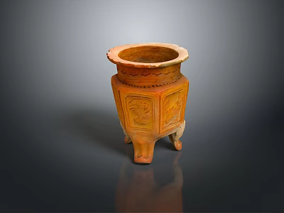 Decorative Orange Ceramic Container With Carved Patterns And Four Legs Design 3d model
