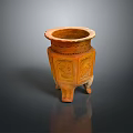 Decorative Orange Ceramic Container With Carved Patterns And Four Legs Design