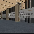 Spacious Hall Featuring Long Display Walls Awards Columns and Ceiling Lights on Carpeted Floor