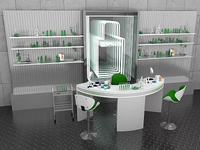 Modern Laboratory Space With Green Bottles On Shelves Round Worktable And Stools 3d model