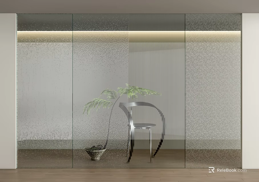 Modern Frosted Glass Partition With LED Lighting And Indoor Plant In Interior 3d model 