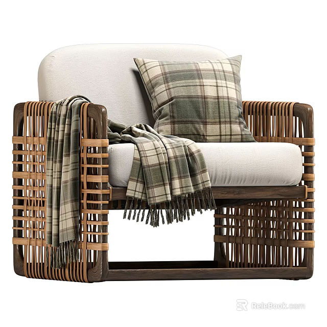 White Sofa And Coffee Table Set With Plaid Cushions Blanket Rattan Armrests Wooden Frame 3d model 