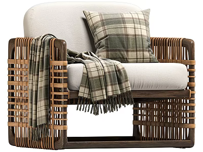 White Sofa And Coffee Table Set With Plaid Cushions Blanket Rattan Armrests Wooden Frame 3d model