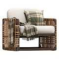 White Sofa And Coffee Table Set With Plaid Cushions Blanket Rattan Armrests Wooden Frame