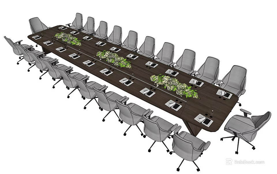 Modern Long Rectangular Conference Table With Gray Chairs Green Plant Decorations And Documents 3d model 