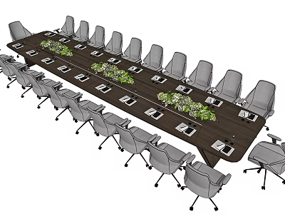 Modern Long Rectangular Conference Table With Gray Chairs Green Plant Decorations And Documents 3d model