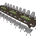 Modern Long Rectangular Conference Table With Gray Chairs Green Plant Decorations And Documents 3d model