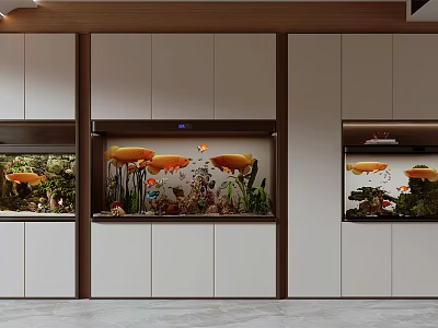 Modern Built in Aquariums in White Wooden Cabinets with Orange Fish Aquatic Plants and Decorations 3d model