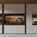 Modern Built in Aquariums in White Wooden Cabinets with Orange Fish Aquatic Plants and Decorations