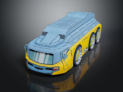 3D Model Car Featuring Blue and Yellow Cartoon Style with Multiple Wheels and Streamlined Design 3d model