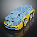 3D Model Car Featuring Blue and Yellow Cartoon Style with Multiple Wheels and Streamlined Design