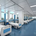 Modern Hospital Ward Interior With Blue Flooring White Beds And Nurse Station