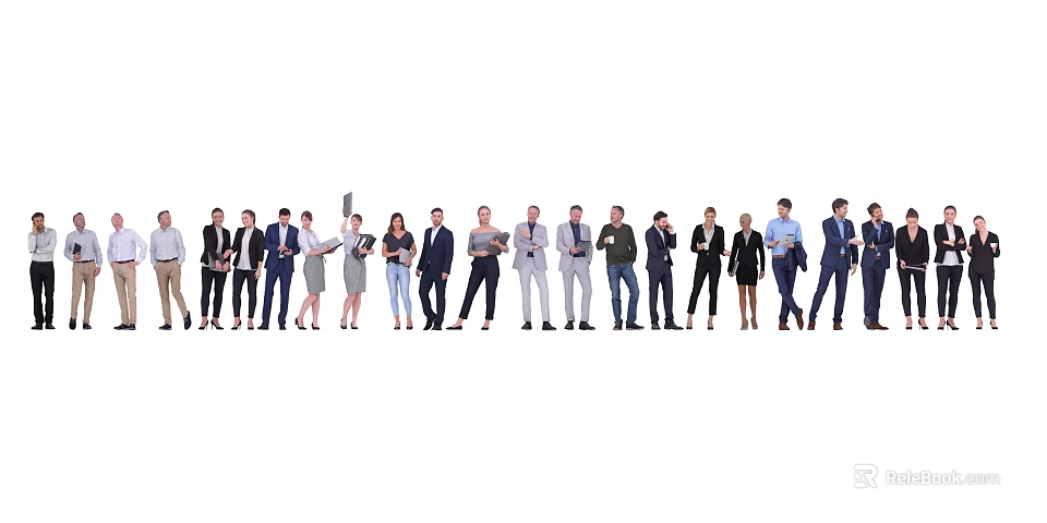 Diverse Group of Business Professionals Standing in Formal Attire Holding Documents 3d model 