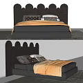 Double Bed With Scalloped Headboard Golden Blanket And Decorative Pillows