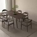 Modern Wooden Dining Table and Chair Set with Six Chairs Green Plant and Rug