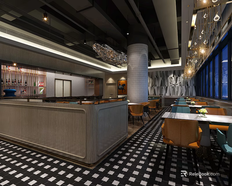 Modern Restaurant Interior With Bar Counter Tables Chairs Checkered Floor And Pendant Lights 3d model 